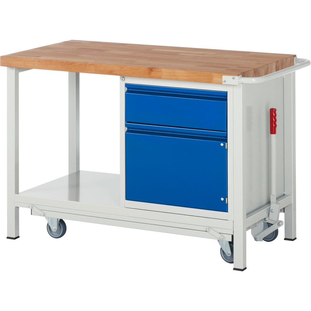 Produktabbildung Nr. 1: RAU Werkbank Serie 8000 mit absenkbarem Fahrgestell, 1 Container, 1 Ablageboden, HxBxT 880 x 1.250 x 700 mm, 1 x 90%-Auszug-Schubladen, 1 Flügeltür, Griffleiste