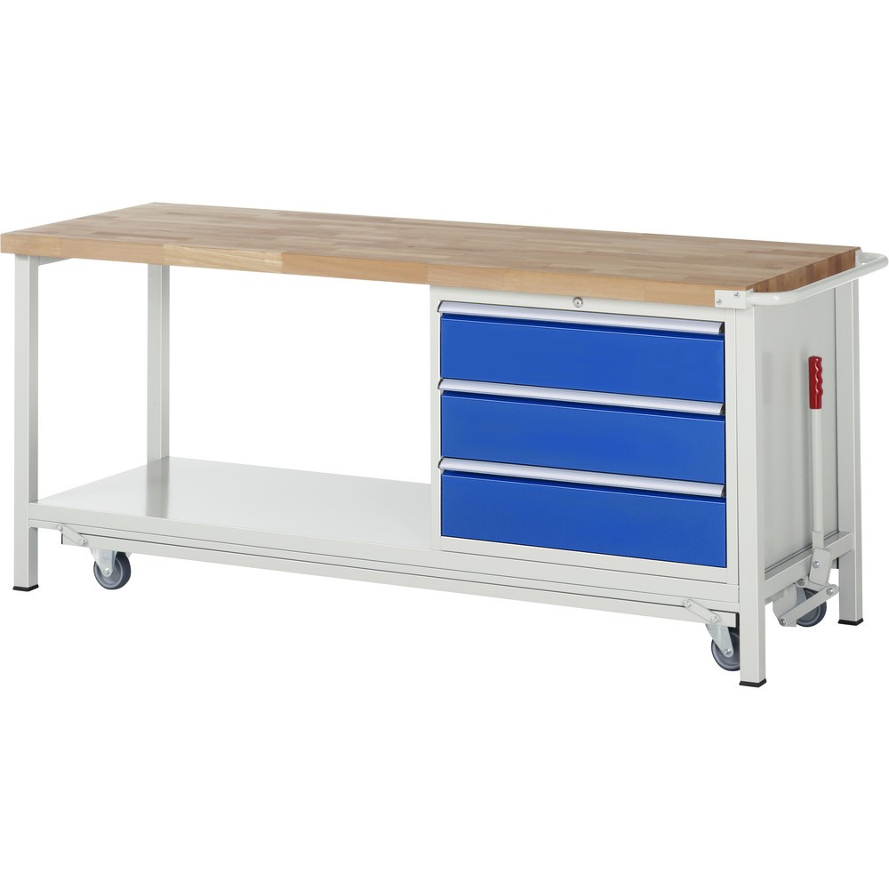 RAU Werkbank Serie 8000 mit absenkbarem Fahrgestell, 1 Container, 1 Ablageboden, HxBxT 880 x 2.000 x 700 mm, 3 x 90%-Auszug-Schubladen, Breite 680 mm, ErgoScript