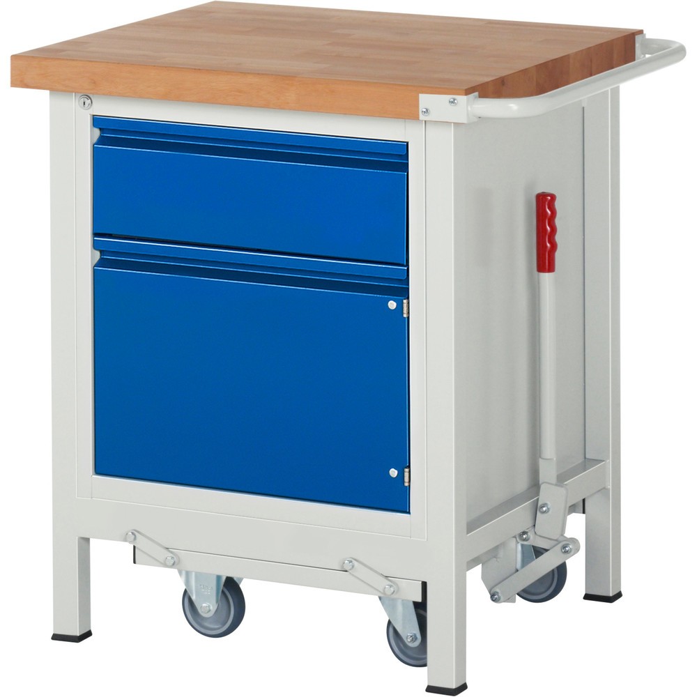 Produktabbildung Nr. 1: RAU Werkbank Serie 8000 mit absenkbarem Fahrgestell, 1 Container, HxBxT 880 x 750 x 700 mm, 1 x 90%-Auszug-Schubladen, 1 Flügeltür, Griffleiste