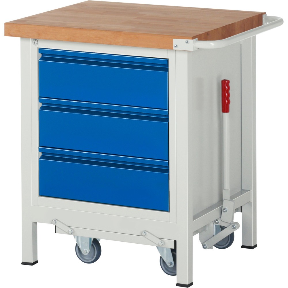 Produktabbildung Nr. 1: RAU Werkbank Serie 8000 mit absenkbarem Fahrgestell, 1 Container, HxBxT 880 x 750 x 700 mm, 3 x 90%-Auszug-Schubladen, Breite 490 mm, Griffleiste