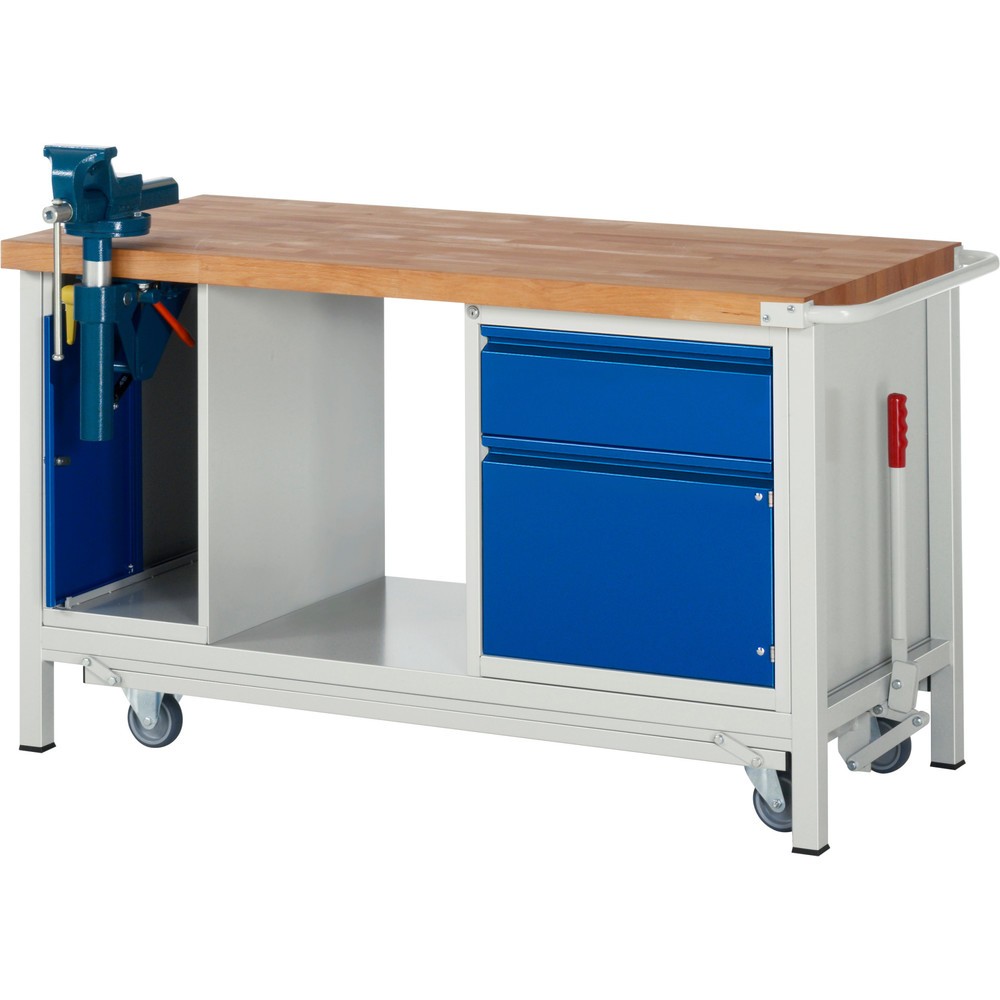 Produktabbildung Nr. 1: RAU Werkbank Serie 8000 mit absenkbarem Fahrgestell, 2 Container, 1 Ablageboden, HxBxT 880 x 1.500 x 700 mm, 1 x 90%-Auszug-Schubladen, 1 Flügeltür, Schraubstock, Griffleiste