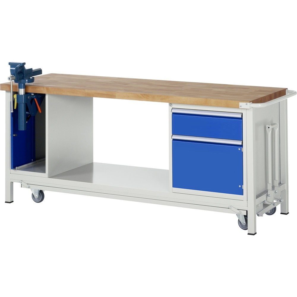 Produktabbildung: RAU Werkbank Serie 8000 mit absenkbarem Fahrgestell, 2 Container, 1 Ablageboden, HxBxT 880 x 2.000 x 700 mm, 1 Schubladen