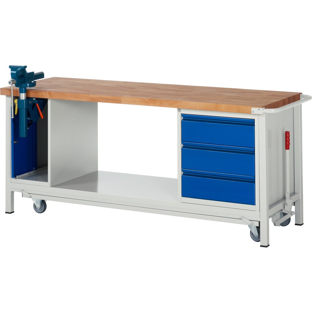 Produktabbildung Nr. 1: RAU Werkbank Serie 8000 mit absenkbarem Fahrgestell, 2 Container, 1 Ablageboden, HxBxT 880 x 2.000 x 700 mm, 3 x 90%-Auszug-Schubladen, integrierte Griffleiste