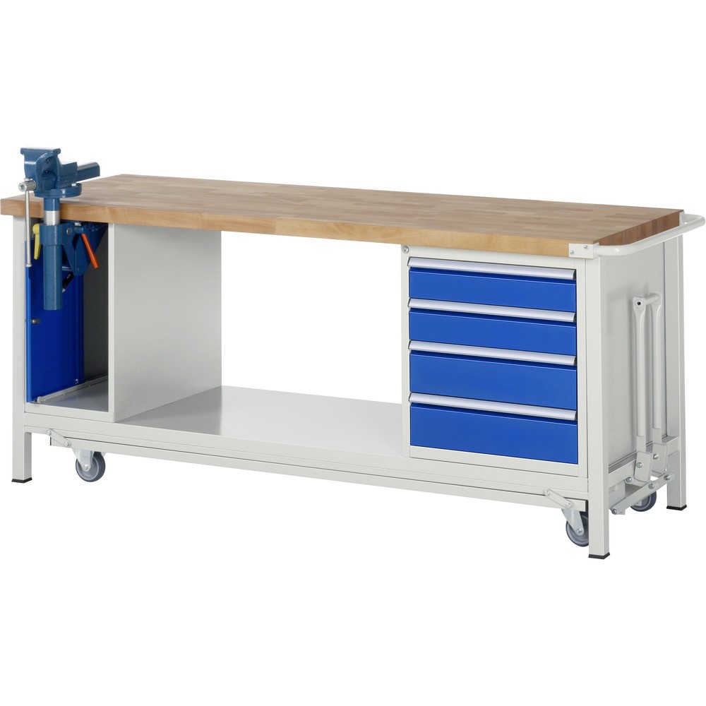 Produktabbildung: RAU Werkbank Serie 8000 mit absenkbarem Fahrgestell, 2 Container, 1 Ablageboden, HxBxT 880 x 2.000 x 700 mm, 4 x 90% Auszugs-Schubladen, Schraubstock