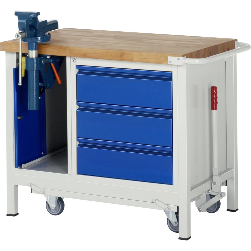 Produktabbildung Nr. 1: RAU Werkbank Serie 8000 mit absenkbarem Fahrgestell, 2 Container, HxBxT 880 x 1.000 x 700 mm, 3 x 90%-Auszug-Schubladen, Griffleiste