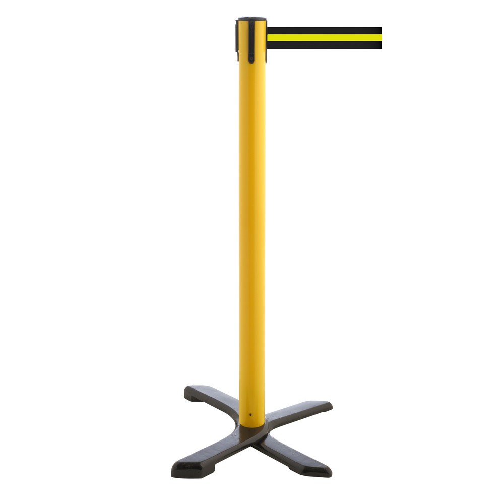 RS-GUIDESYSTEMS® Absperrpfosten Kreuzfuß, Gurtlänge 4 m, gelb, schwarz / gelb horizontal gestreift