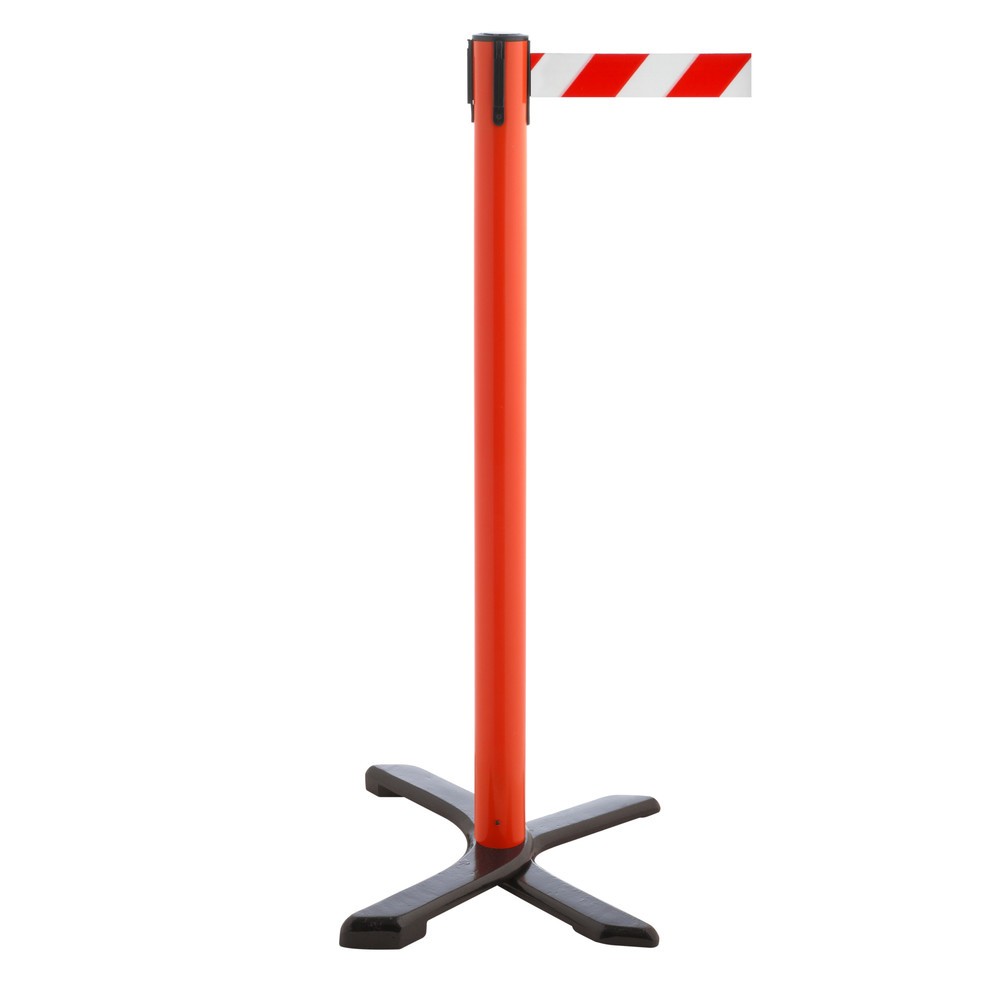 RS-GUIDESYSTEMS® Absperrpfosten Kreuzfuß, Gurtlänge 4 m, rot, rot / weiß diagonal gestreift