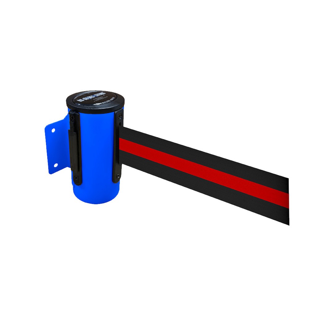 RS-GUIDESYSTEMS® Wandgurt-Kassette aus Metall, pulverbeschichtet, Auszugslänge 2,3 m, blau, schwarz / rot horizontal gestreift