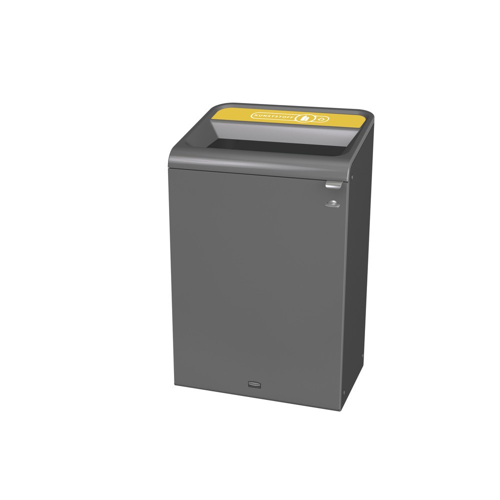 Rubbermaid® Configure Abfallbehälter, verzinkter Stahl, Aufschrift "KUNSTSTOFF", 125 Liter, anthrazit, gelb