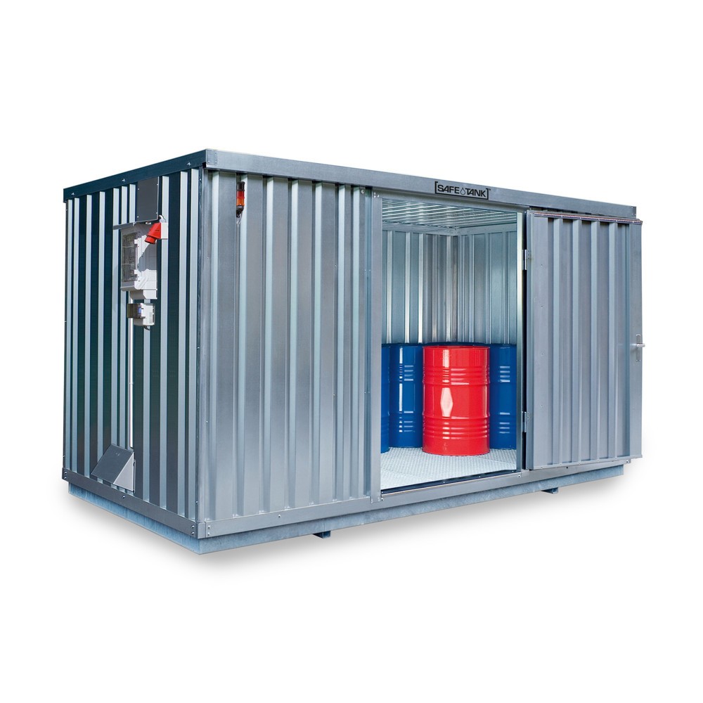 SAFE Tank Gefahrstoffcontainer 1350 CONTROL, automatisierte Explosionsschutzeinrichtung  für höchste Energieeffizienz u. Sicherheit, Maße außen 4350x2170x2300 mm, Doppelflügeltür, mittig in der langen Seite, Lagerfläche 8 m²