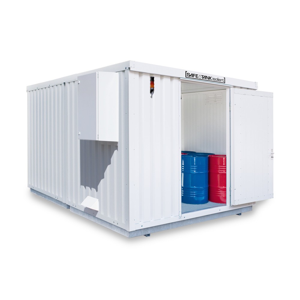 SAFE Tank Gefahrstoffcontainer 2000 CONTROL isoliert, automatisierte Explosionsschutzeinrichtung für höchste Energieeffizienz u. Sicherheit, Maße außen 3350x4340x2560 mm, Einzelflügeltür, mittig in 3 m Seite, Lagerfläche 12 m²