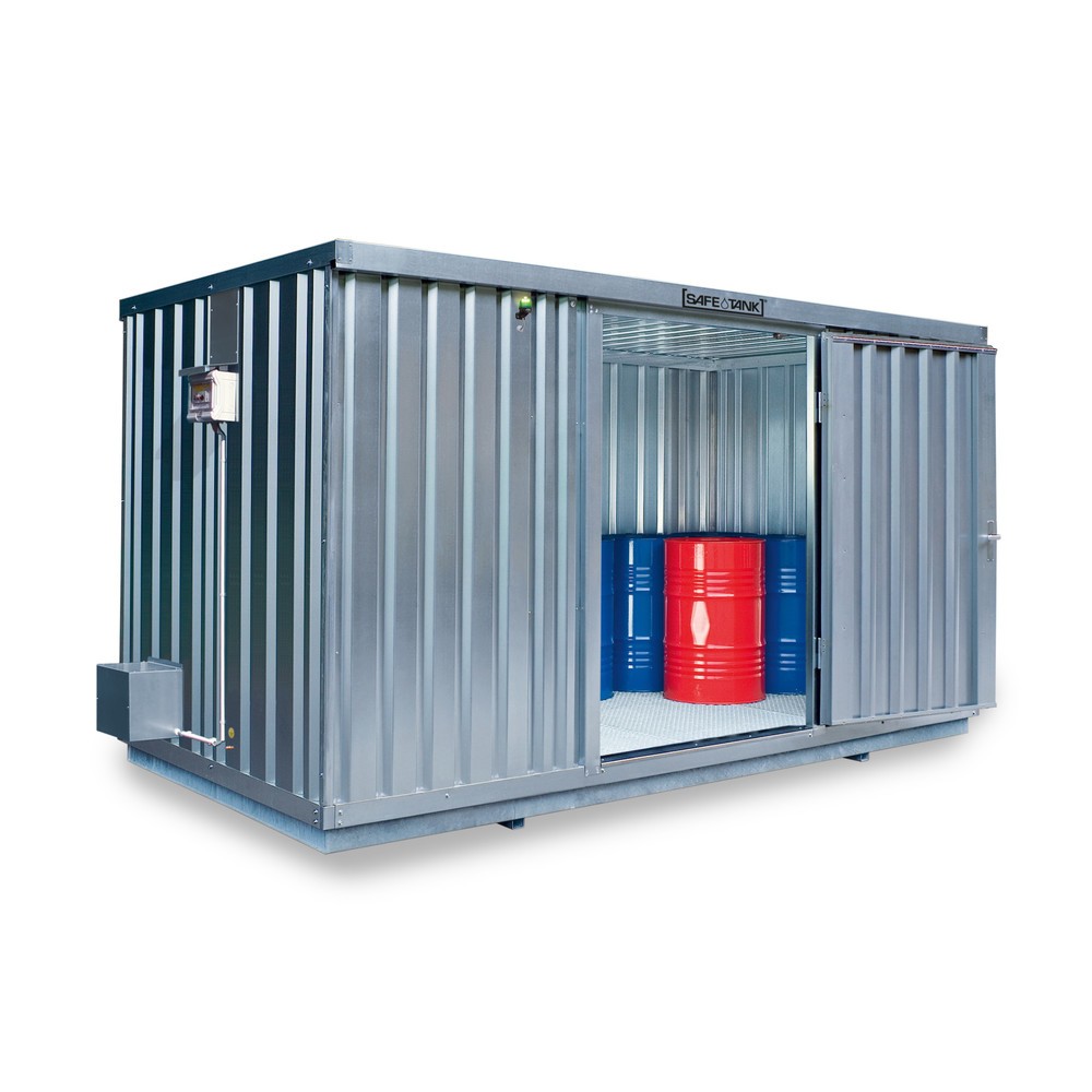 SAFE Tank Gefahrstoffcontainer 1350 ECO, energieeffizient durch bedarfsgerechte Lüftersteuerung, Maße außen 4350x2170x2300 mm, Einzelflügeltür, mittig in der kurzen Seite, Lagerfläche 8 m²