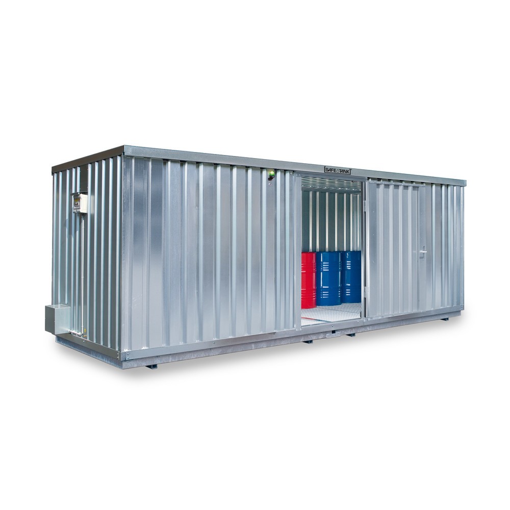 SAFE Tank Gefahrstoffcontainer 1000 ECO, energieeffizient durch bedarfsgerechte Lüftersteuerung, Maße außen 3350x2170x2310 mm, Doppelflügeltür (asymmetrische Teilung), mittig in Breitseite, Lagerfläche 6 m²