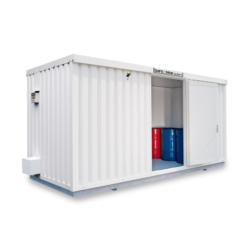 SAFE Tank Gefahrstoffcontainer 1700 ECO, isoliert, energieeffizient durch bedarfsgerechte Lüftersteuerung, Maße außen 5380x2170x2520 mm, Einzelflügeltür, mittig in Breitseite, Lagerfläche 9 m²