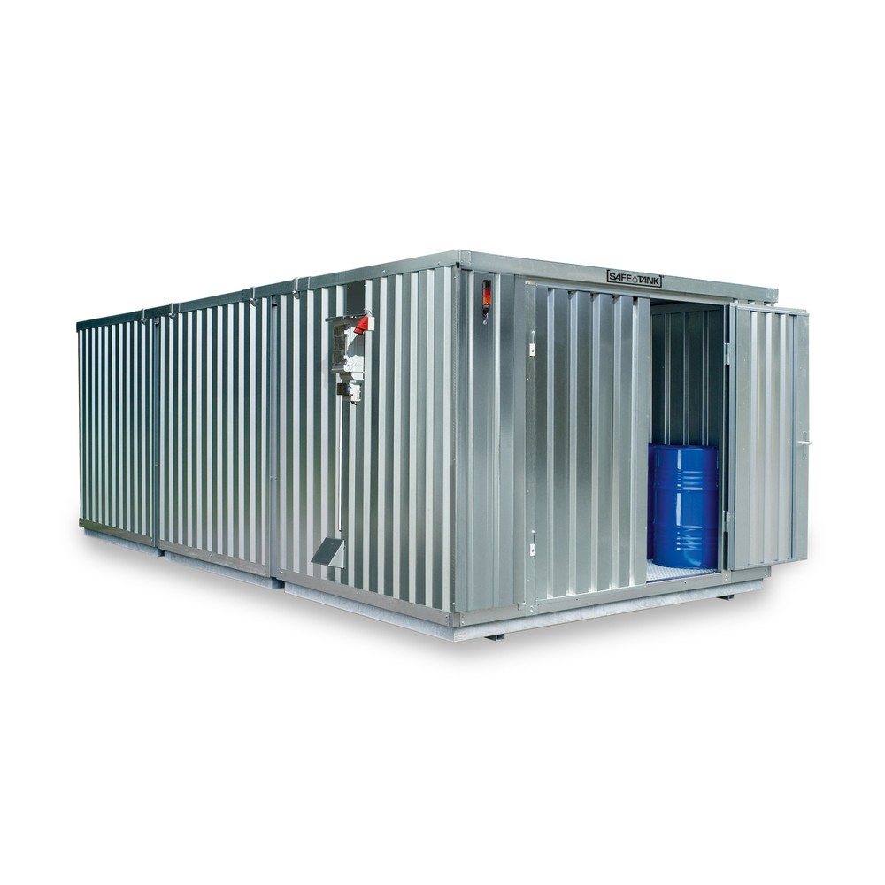 SAFE Tank Gefahrstoffcontainer 4000 CONTROL, automatisierte Explosionsschutzeinrichtung für höchste Energieeffizienz u. Sicherheit, Maße außen 5380x4340x2300 mm, Doppelflügeltür, mittig in der langen Seite, Lagerfläche 21 m²