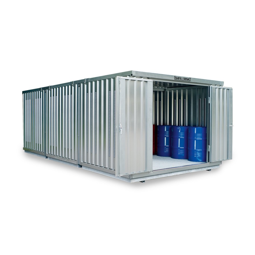 SAFE Tank Gefahrstoffcontainer Kombination 5000 PLG, verzinkt, vormontiert, Maße außen 5080x6520x2300 mm, Doppelflügeltür (asymmetrische Teilung), mittig im Modul, Lagerfläche 32 m²