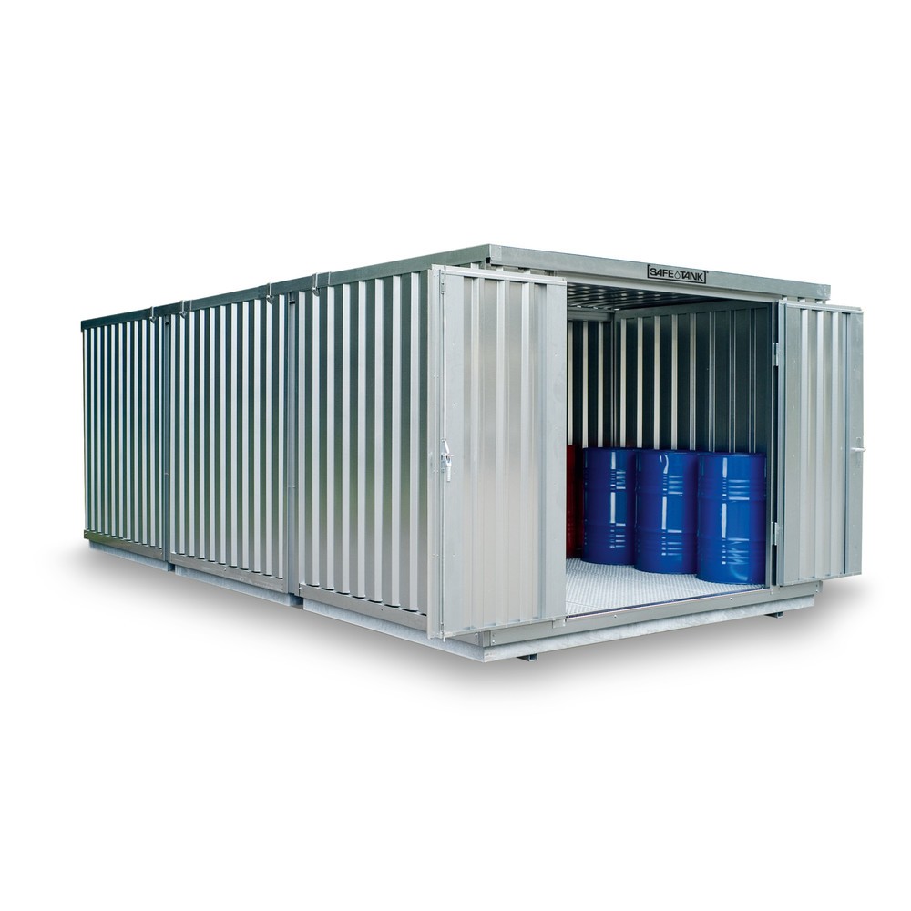 SAFE Tank Gefahrstoffcontainer Kombination 3000 WGK 1-3, verzinkt, vormontiert, Maße außen 3050x6520x2310 mm, Einzelflügeltür, mittig im Modul, Lagerfläche 19 m²