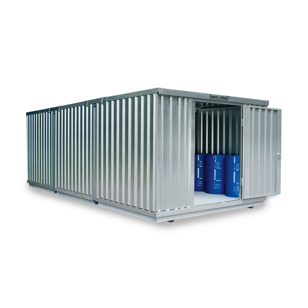 SAFE Tank Gefahrstoffcontainer Kombination 4000 WGK 1-3, verzinkt, vormontiert, Maße außen 5080x4340x2300 mm, Doppelflügeltür (asymmetrische Teilung), mittig in der langen Seite, Lagerfläche 21 m²