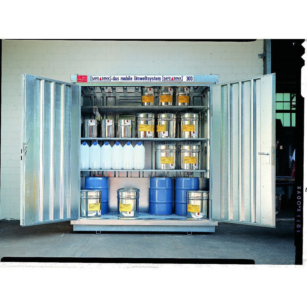 SAFE Tank Gefahrstoffcontainer 300 WGK, verzinkt, montiert, Innen- und Außenaufstellung, Maße außen 2100x1140x2300 mm, Doppelflügeltür (asymmetrische Teilung), mittig in Breitseite, Lagerfläche 2 m²