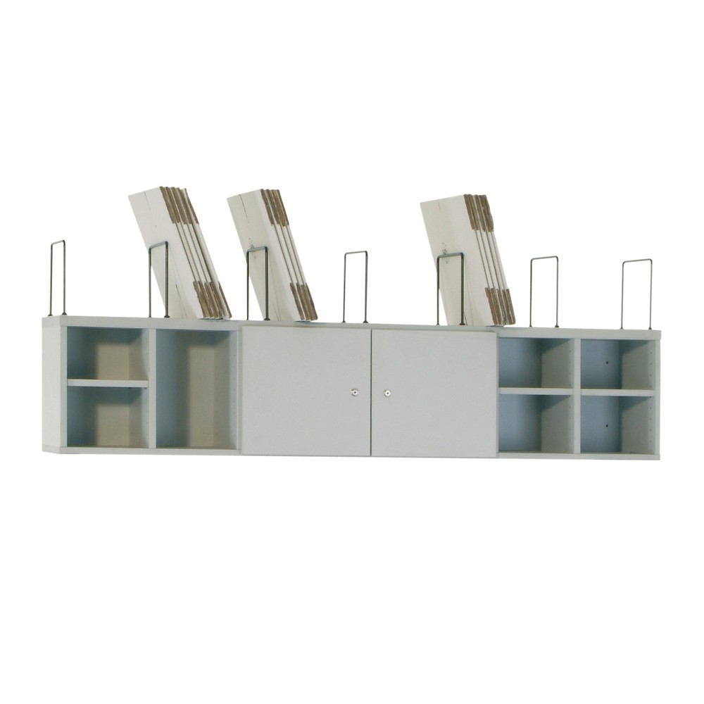 Schranksystem für Rocholz Packtische mit Türen, Fachteilern und Einlegeböden, lichtgrau