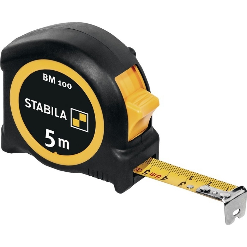 Stabila Taschenrollbandmaß BM 100, Länge 5 m Breite 19 mm mm/mm, EG II ABS / TPE Metall-Clip