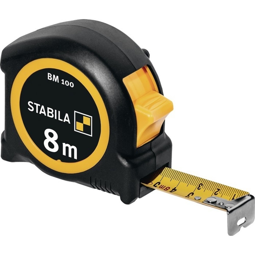 Stabila Taschenrollbandmaß BM 100, Länge 8 m Breite 25 mm mm/mm, EG II ABS / TPE Metall-Clip