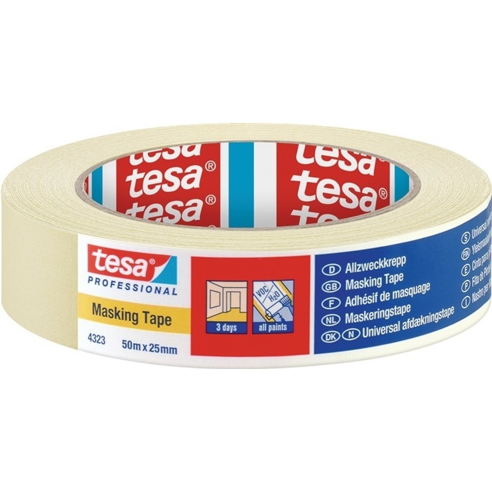 tesa® Kreppband 4323, hellbeige, leicht gekreppt, Rolle, Länge 50 m Breite 25 mm