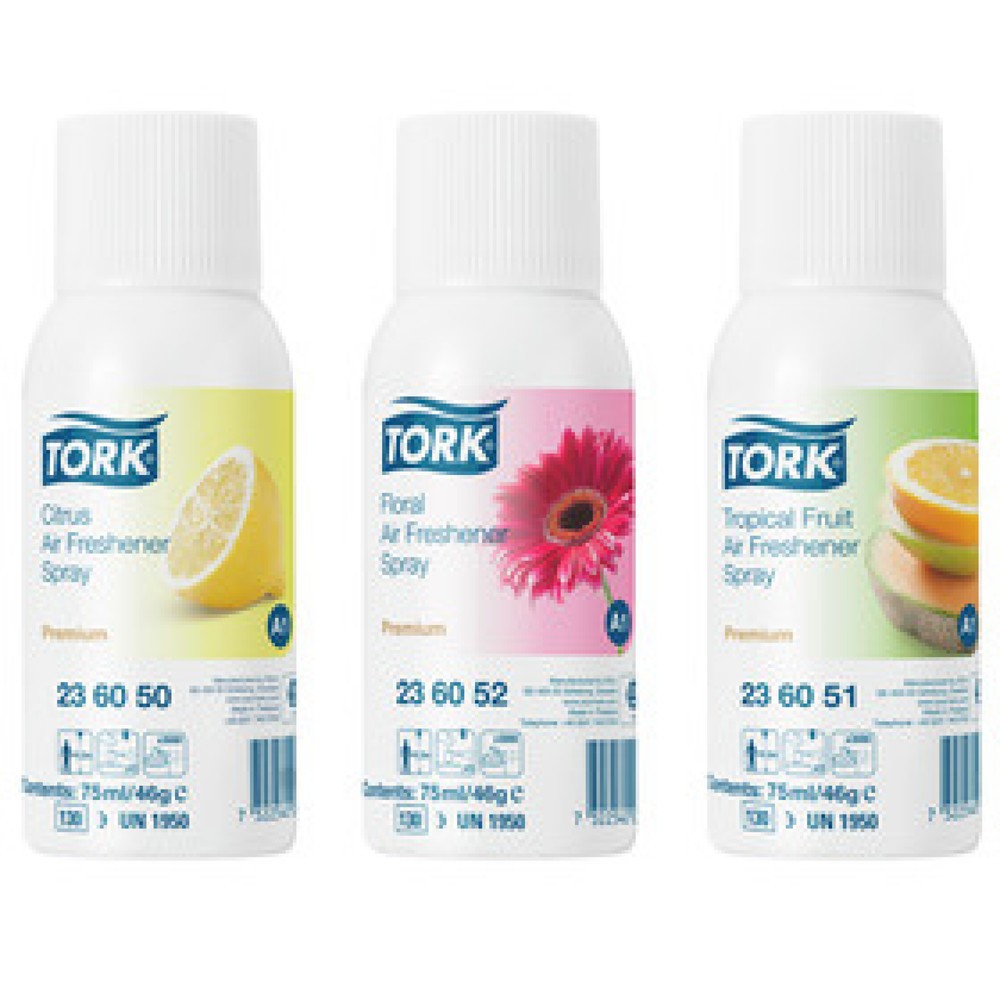 Tork 236056 Lufterfrischer-Spray Mixed Pack,  4x Floral und 4x Tropical Fruit) Inhalt: 12x 75ml 4x3 Sorten