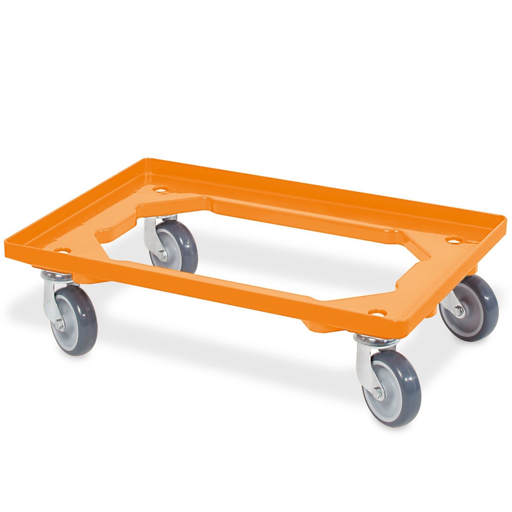 Transportroller für Euro-Stapelbehälter 600x400 mm orange, 4 Lenkrollen, graue Gummiräder