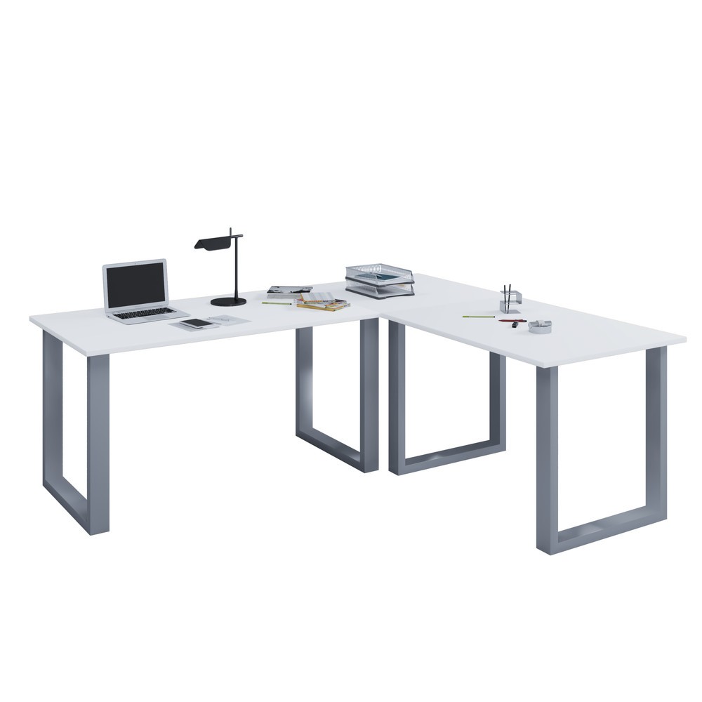 VCM Eck-Schreibtisch Lona, Tischplatten BxT 1.100 x 800 und 800 x 800 mm, Eckplatte BxT 800 x 800 mm, U-Füße, weiß/silber
