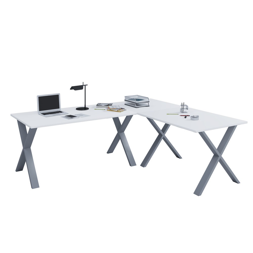 VCM Eck-Schreibtisch Lona, Tischplatten BxT 1.100 x 500 und 800 x 500 mm, Eckplatte BxT 500 x 500 mm, X-Füße, weiß/silber