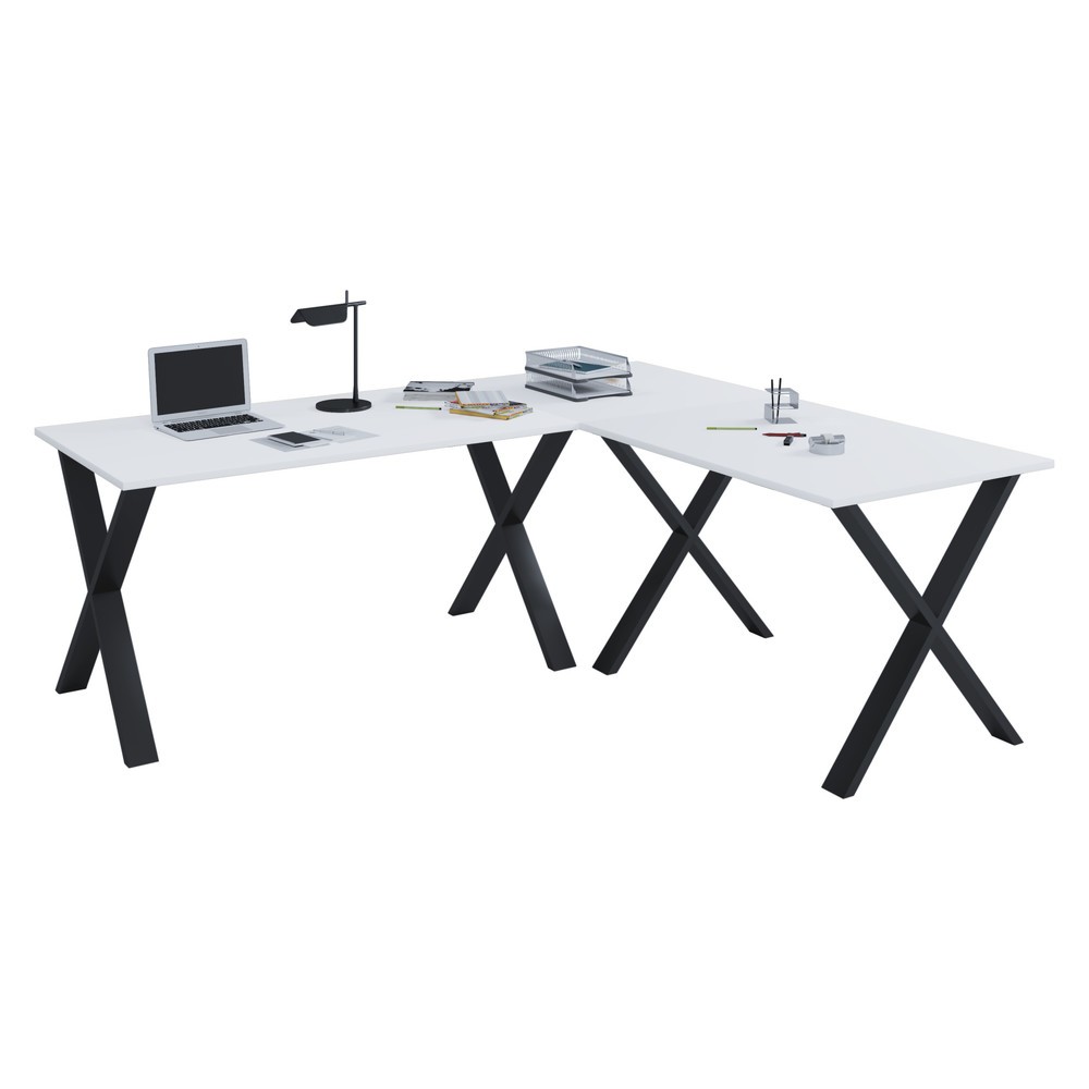 VCM Eck-Schreibtisch Lona, Tischplatten BxT 1.100 x 800 und 800 x 800 mm, Eckplatte BxT 800 x 800 mm, X-Füße, weiß/schwarz