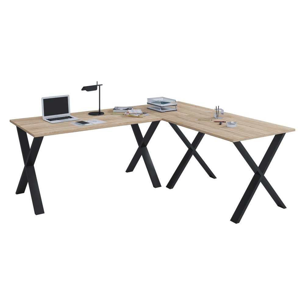 VCM Eck-Schreibtisch Lona, je Tischplatte BxT 800 x 500 mm, Eckplatte BxT 500 x 500 mm, X-Füße, Sonoma-Eiche/schwarz